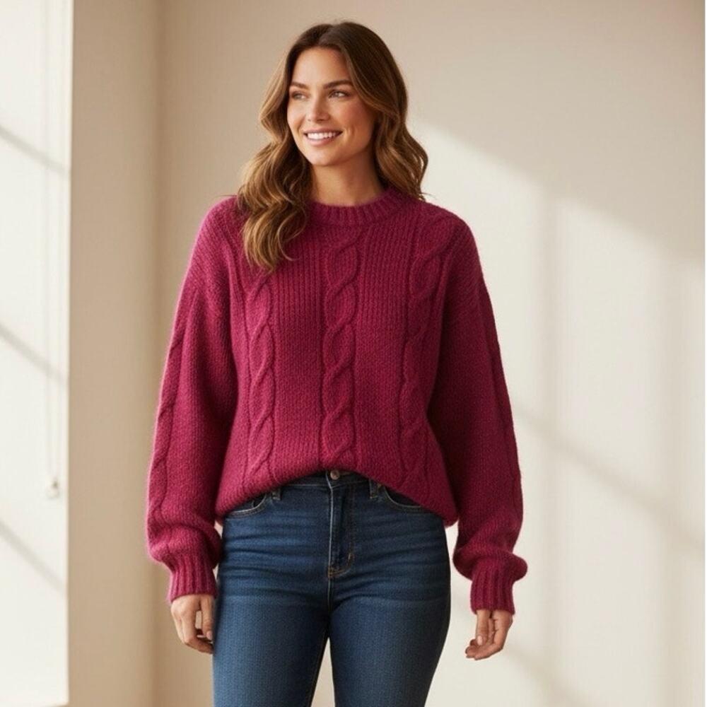 Le Moda Vintage Cable Knit Long Large Chunky Berry Sweater Wool Mohair Blend New